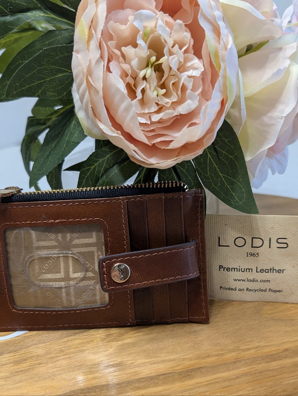 Lodis Brown Leather RFID Slim Wallet Card Holder Zip Top